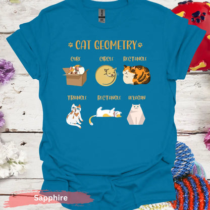 Cute Cat Geometry Shape Funny T-Shirt - S / Sapphire - Physical Item