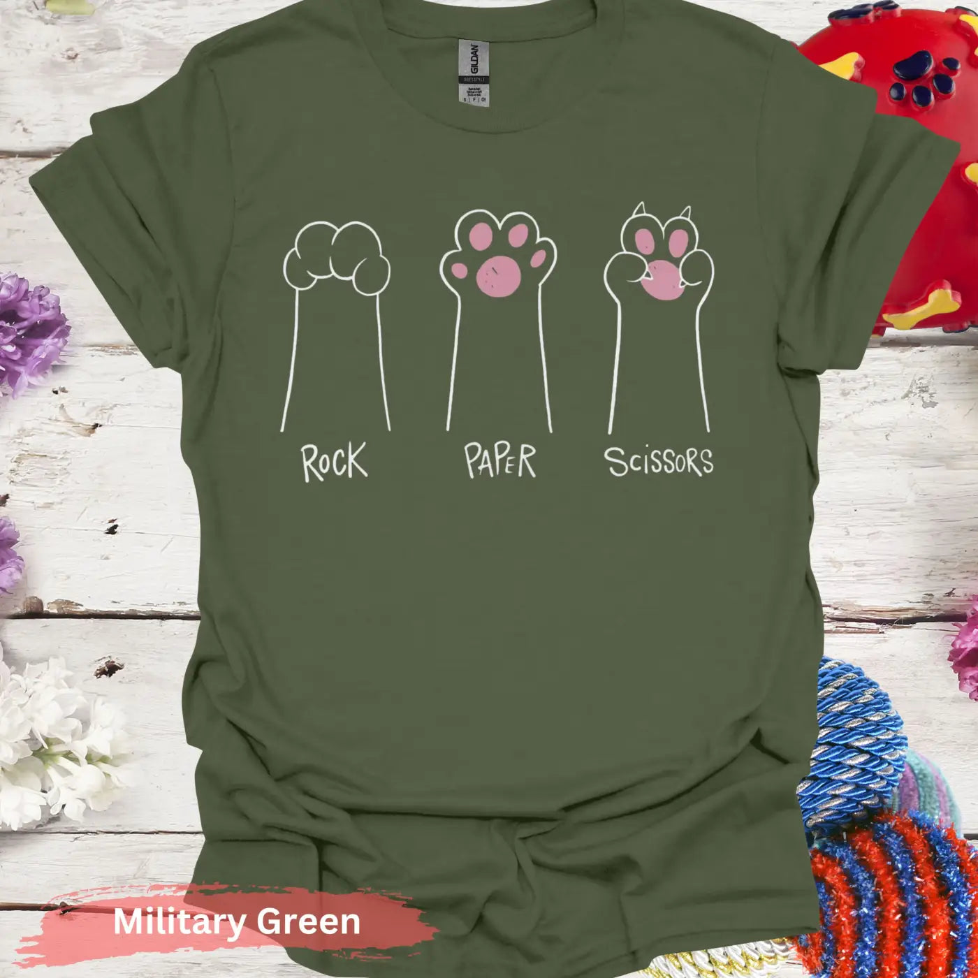 Rock Paper Scissors Paw Game T-shirt - S / Military Green - Physical Item