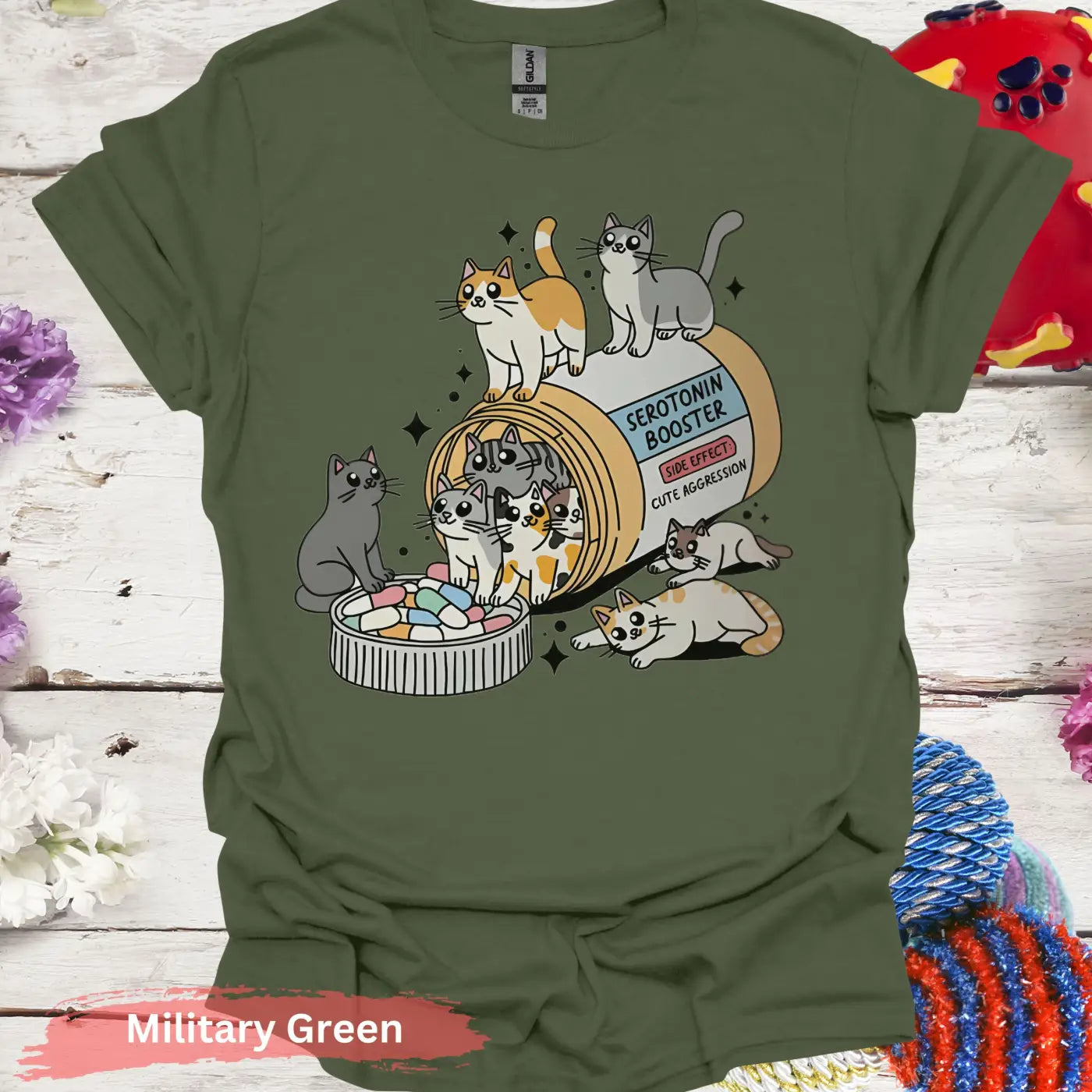 Cute Cats Serotonin Booster T-Shirt - S / Military Green - Physical Item