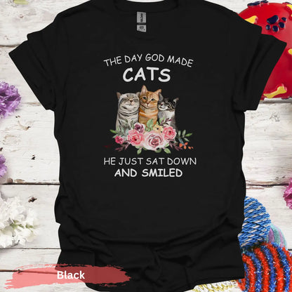 Cute Cats Trio with Floral Arrangement T-Shirt - S / Black - Physical Item