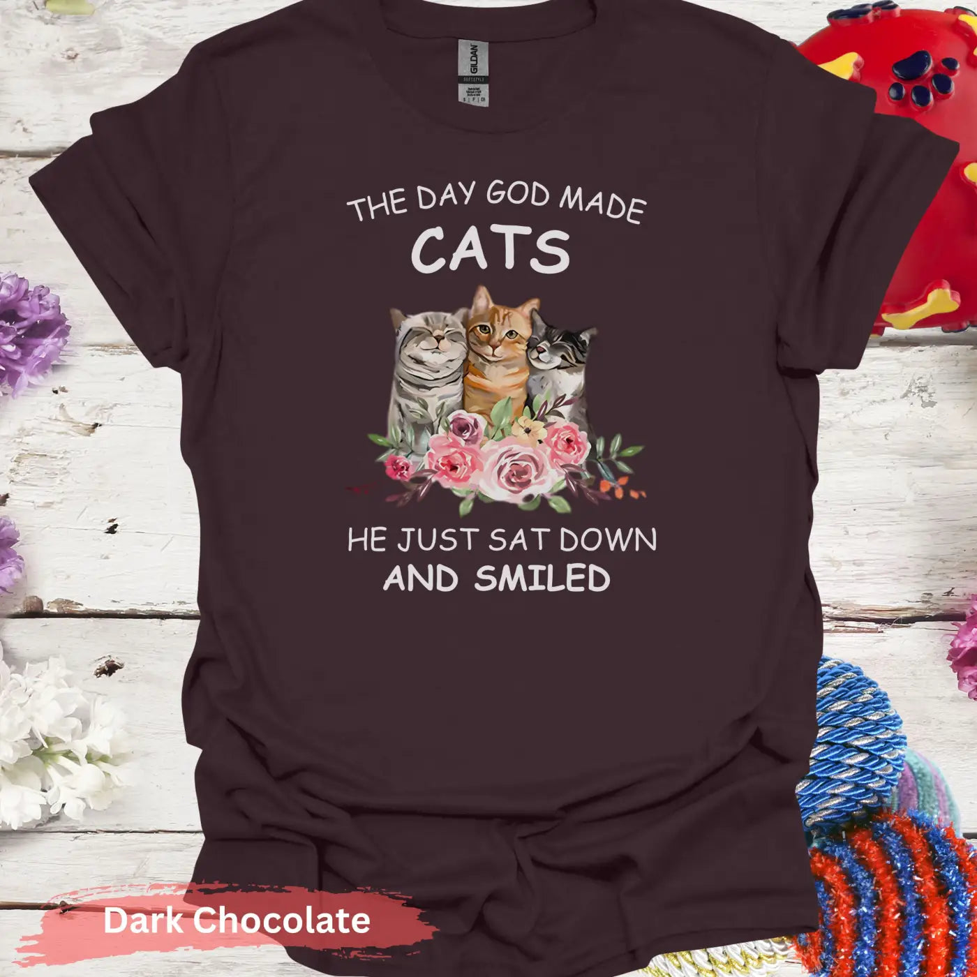 Cute Cats Trio with Floral Arrangement T-Shirt - S / Dark Chocolate - Physical Item