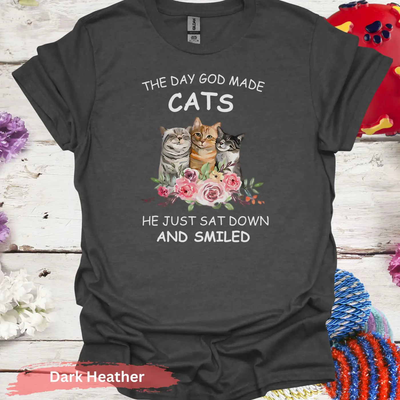 Cute Cats Trio with Floral Arrangement T-Shirt - S / Dark Heather - Physical Item