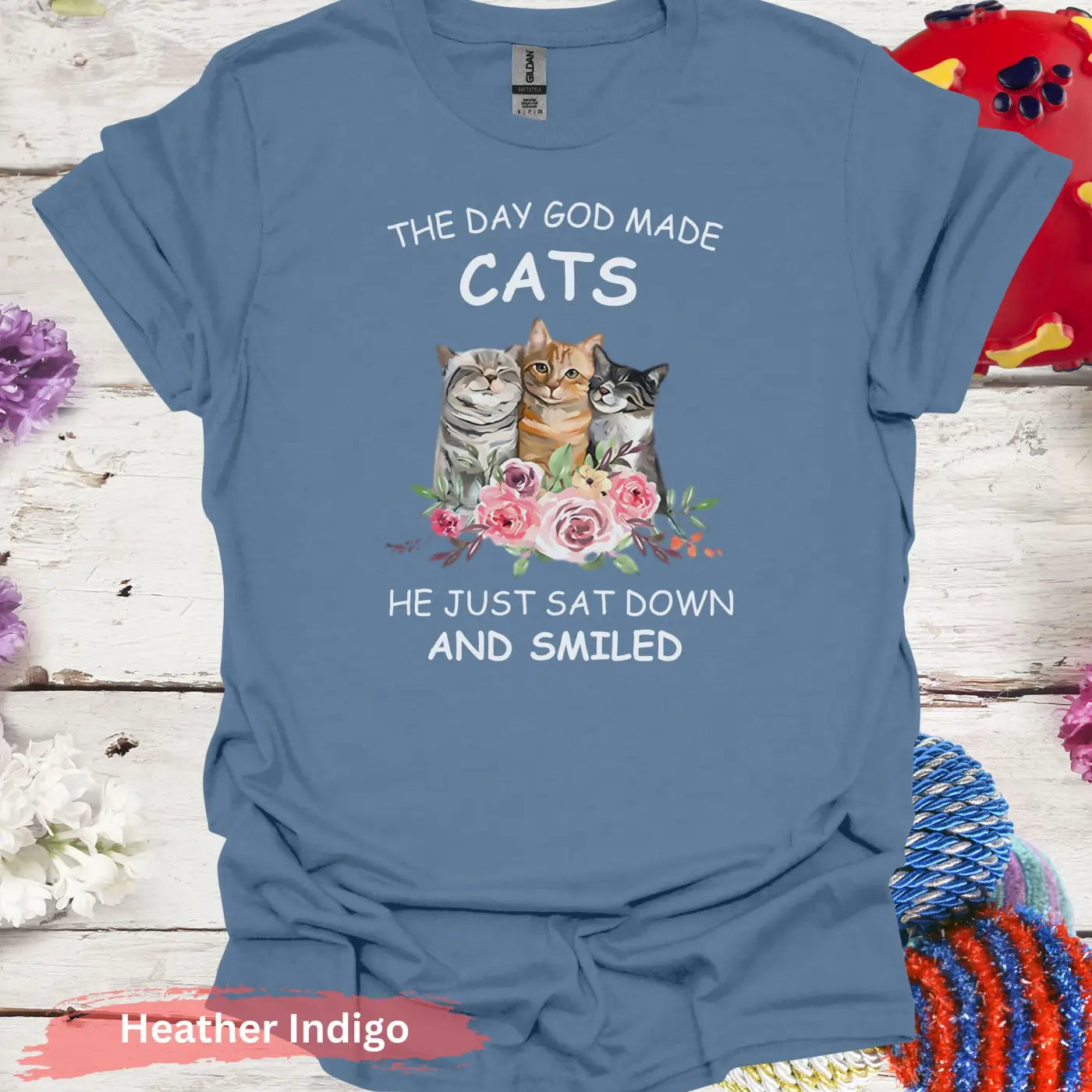 Cute Cats Trio with Floral Arrangement T-Shirt - S / Heather Indigo - Physical Item