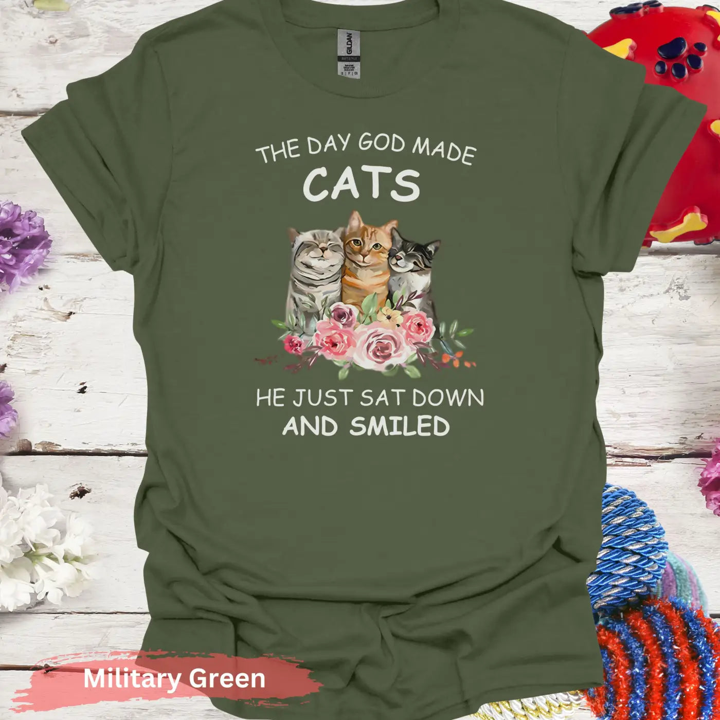 Cute Cats Trio with Floral Arrangement T-Shirt - S / Military Green - Physical Item