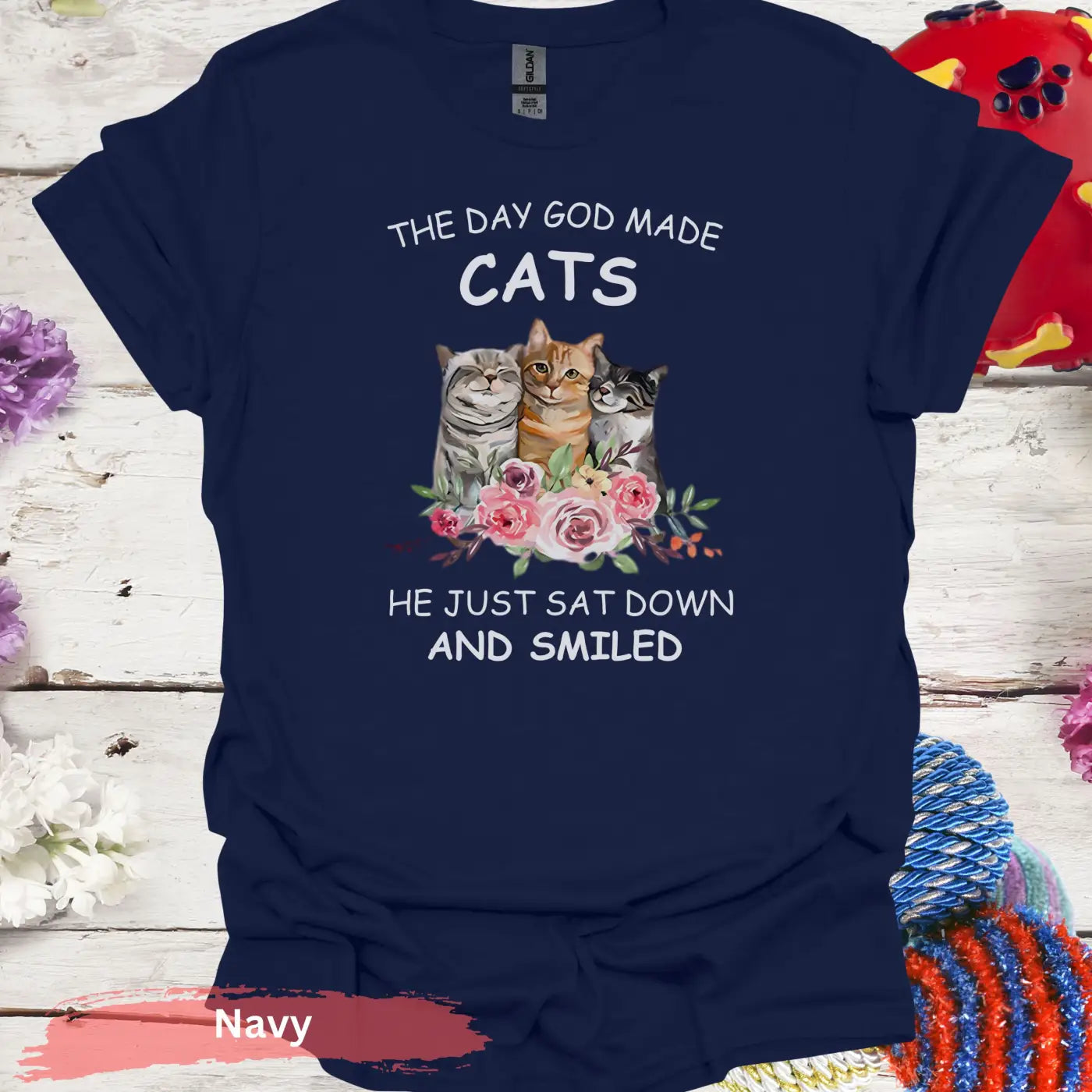 Cute Cats Trio with Floral Arrangement T-Shirt - S / Navy - Physical Item