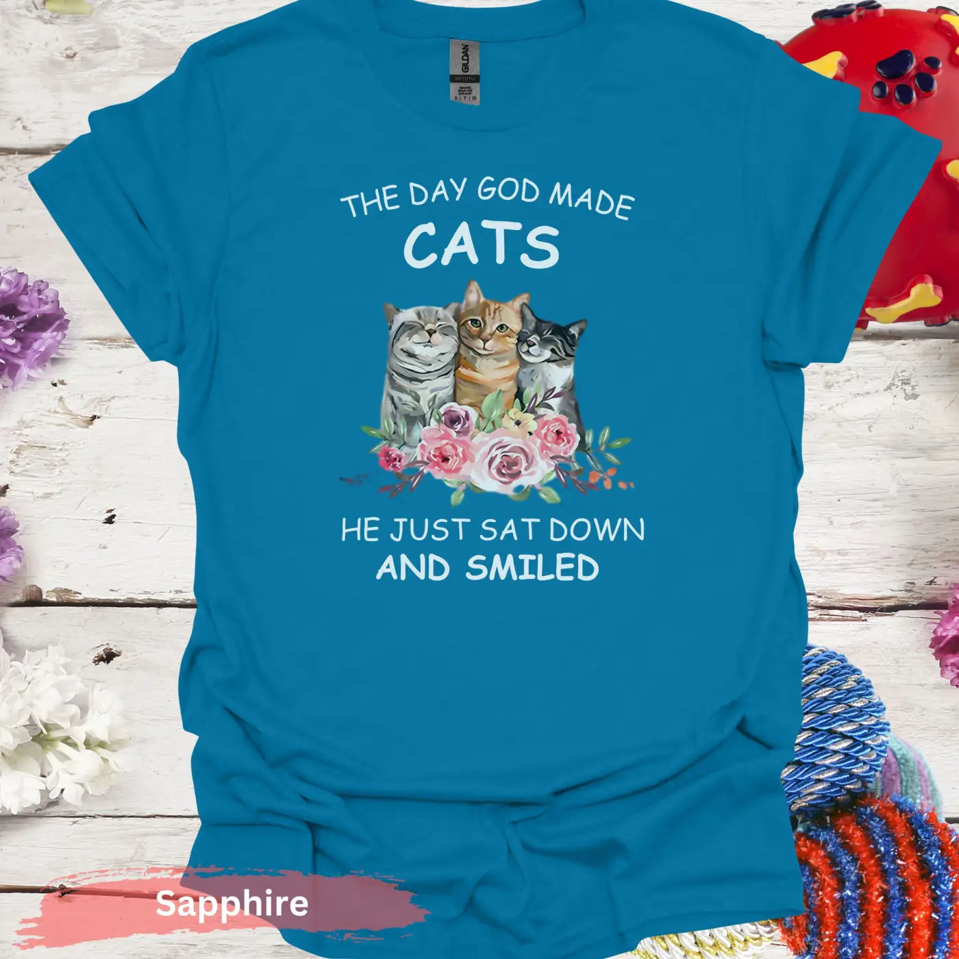 Cute Cats Trio with Floral Arrangement T-Shirt - S / Sapphire - Physical Item