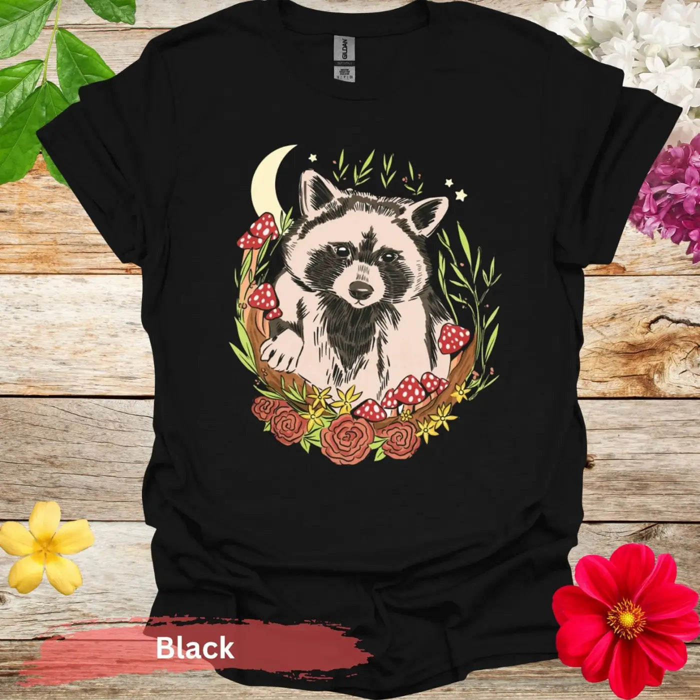 Cute Raccoon and Flowers Graphic T-Shirt - S / Black - Physical Item