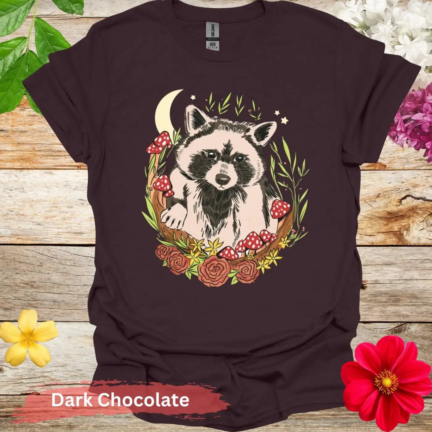 Cute Raccoon and Flowers Graphic T-Shirt - S / Dark Chocolate - Physical Item