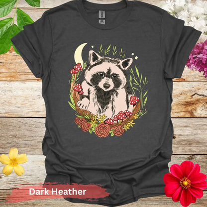 Cute Raccoon and Flowers Graphic T-Shirt - S / Dark Heather - Physical Item