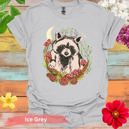 Cute Raccoon and Flowers Graphic T-Shirt - S / Ice Grey - Physical Item