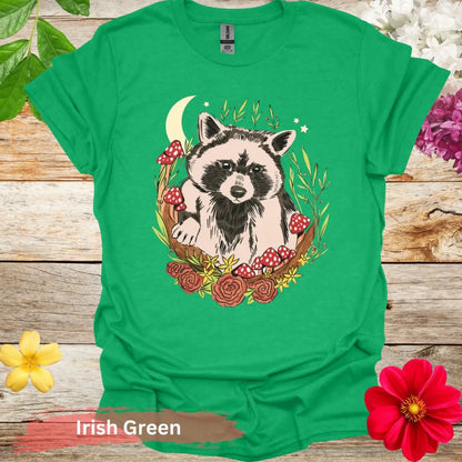 Cute Raccoon and Flowers Graphic T-Shirt - S / Irish Green - Physical Item