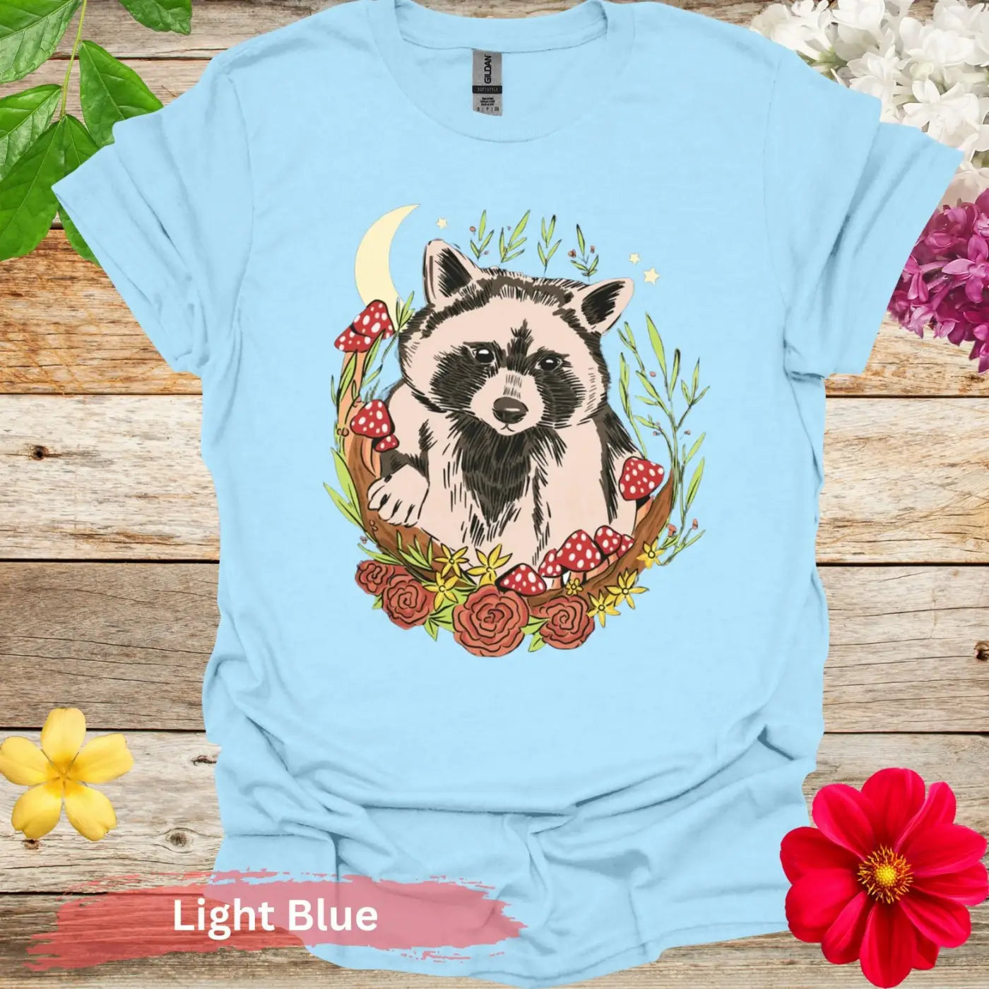 Cute Raccoon and Flowers Graphic T-Shirt - S / Light Blue - Physical Item