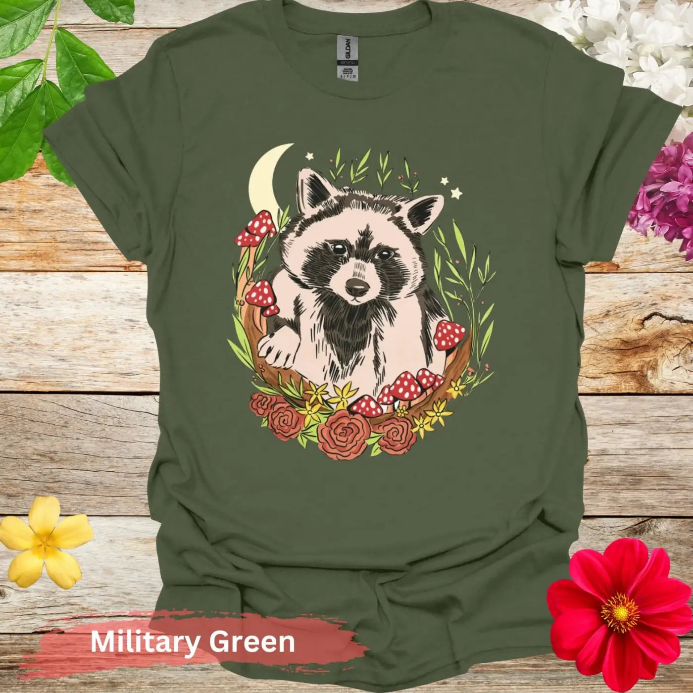 Cute Raccoon and Flowers Graphic T-Shirt - S / Military Green - Physical Item