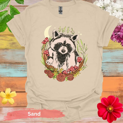 Cute Raccoon and Flowers Graphic T-Shirt - S / Sand - Physical Item