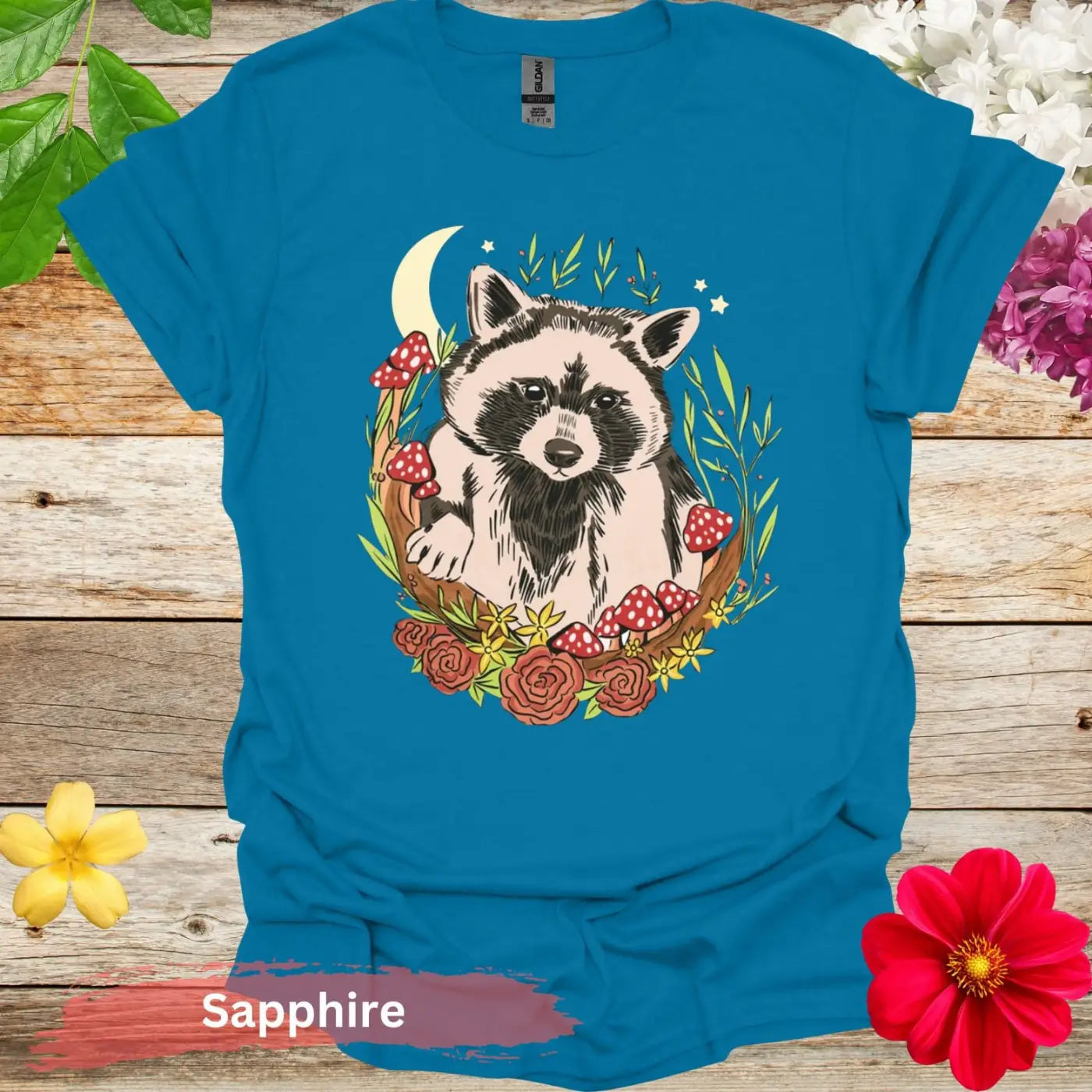 Cute Raccoon and Flowers Graphic T-Shirt - S / Sapphire - Physical Item