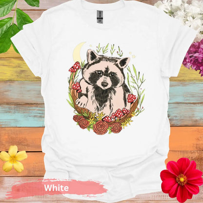 Cute Raccoon and Flowers Graphic T-Shirt - S / White - Physical Item