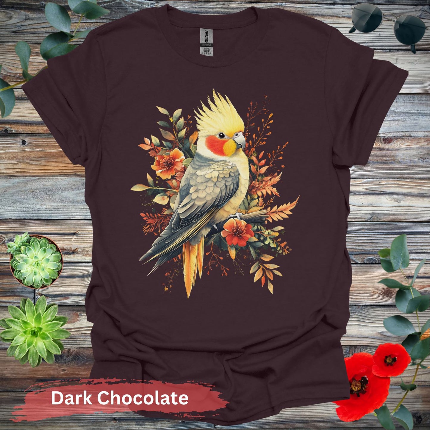 Vibrant Cockatiel and Floral Design T-Shirt - S / Dark Chocolate - Physical Item