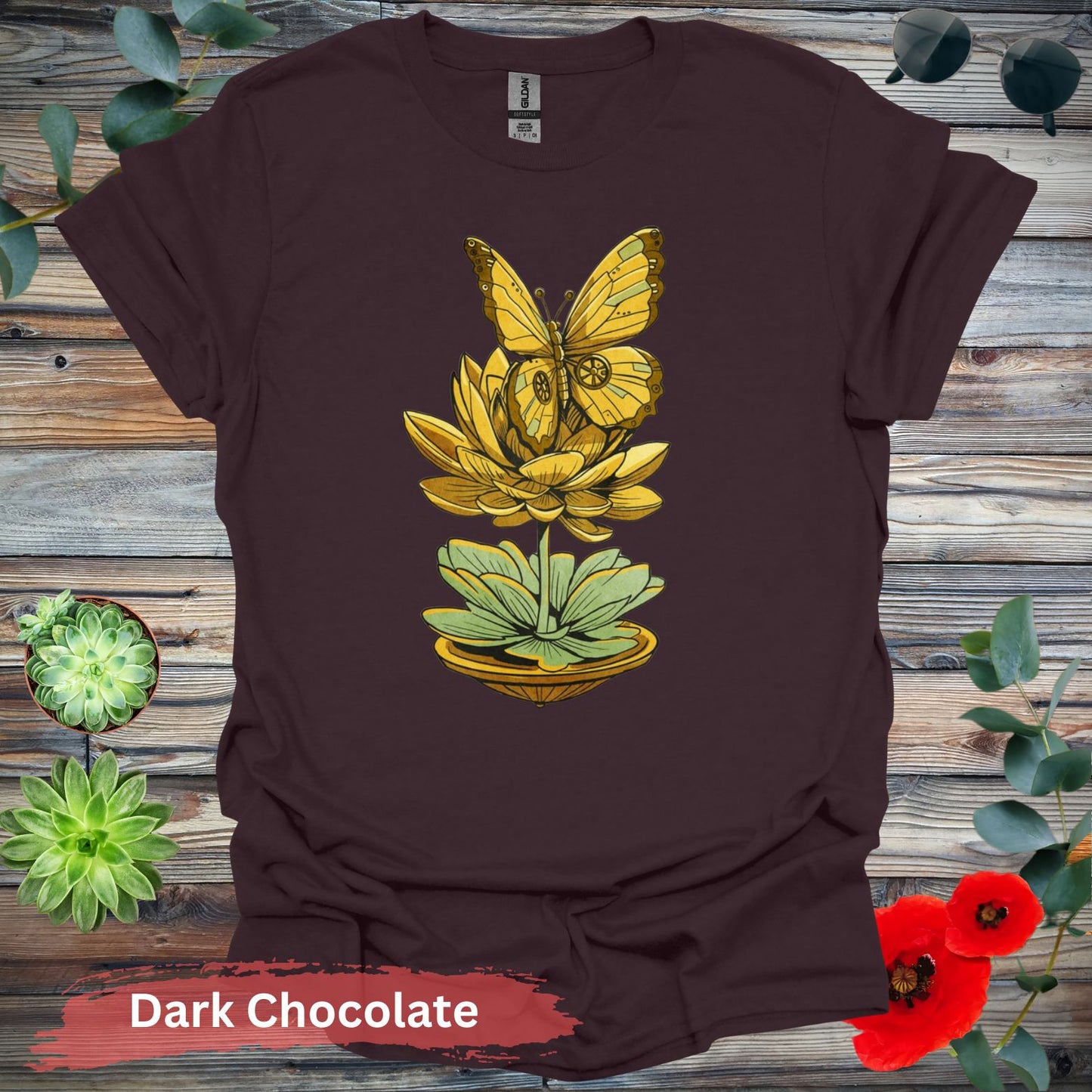 Steampunk-inspired Butterfly and Lotus T-Shirt - S / Dark Chocolate - Physical Item