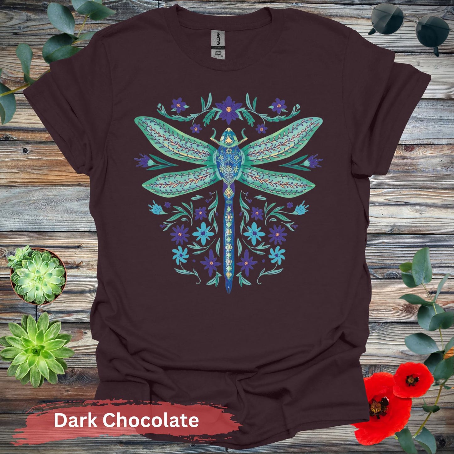 Dragonfly and Floral Graphic T-Shirt - S / Dark Chocolate - Physical Item