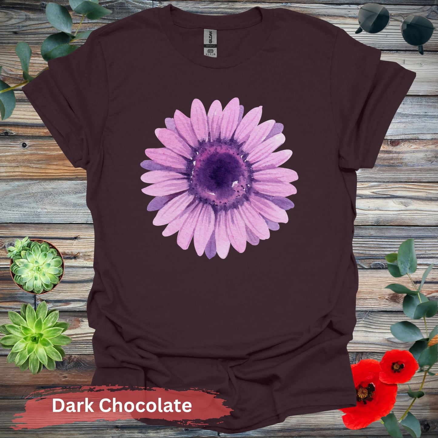 Purple Watercolor Flower T-shirt - S / Dark Chocolate - Physical Item