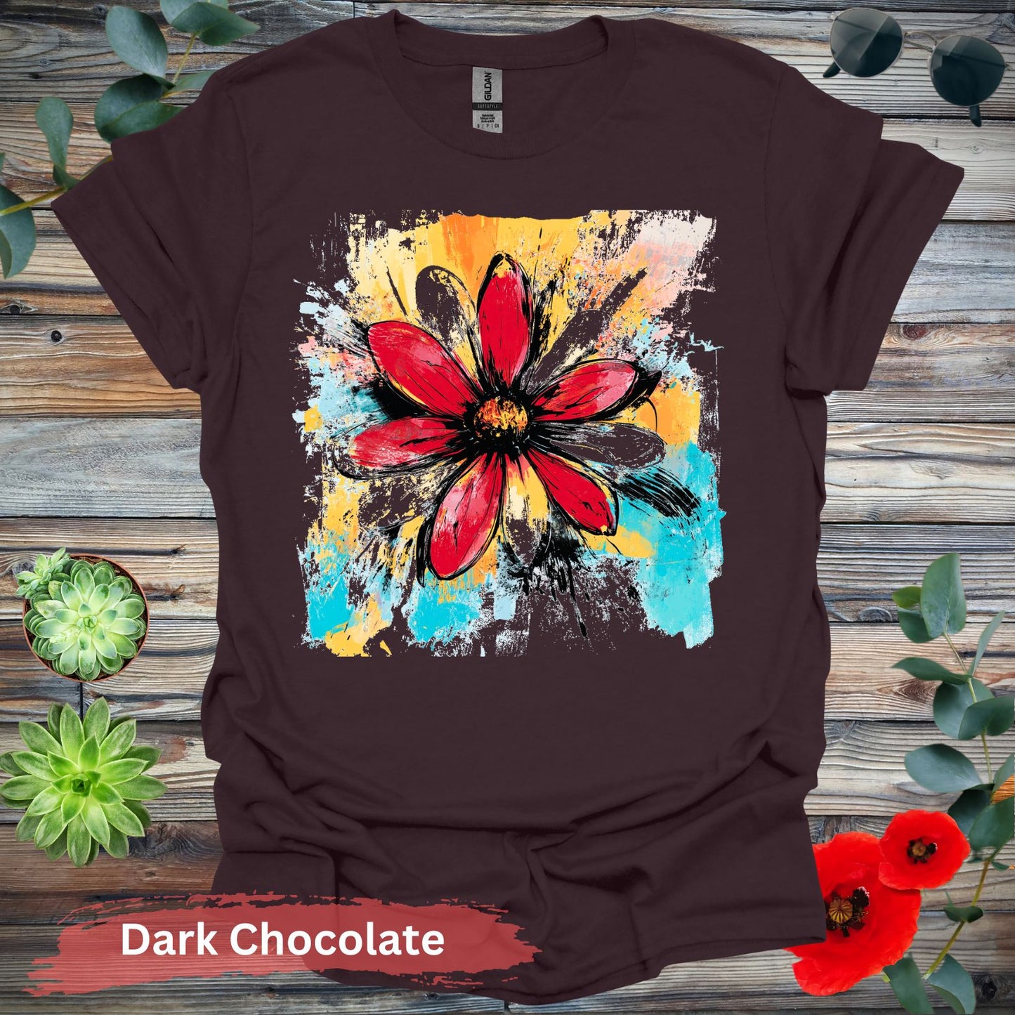 Vivid abstract daisy floral T-shirt - S / Dark Chocolate - Physical Item