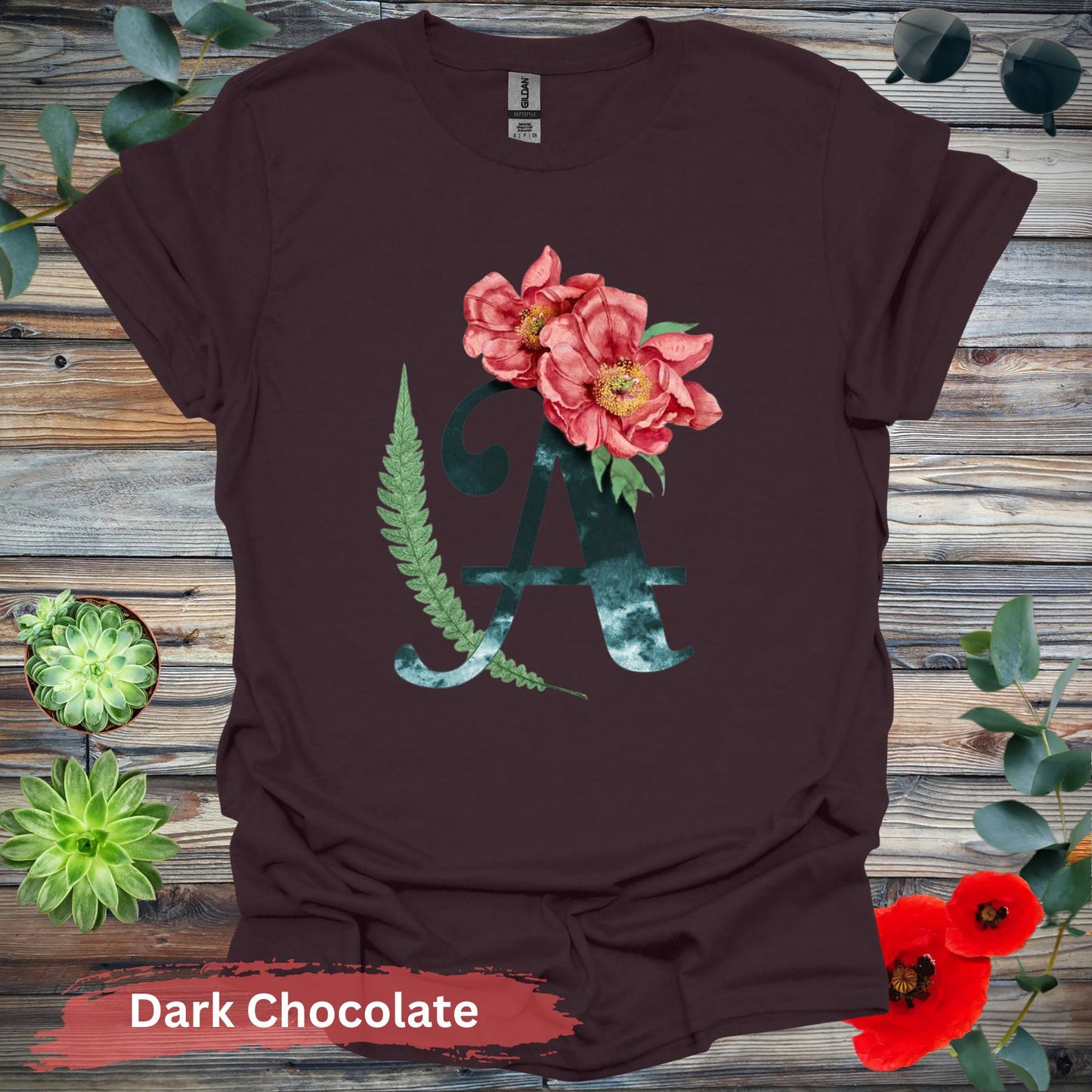 Floral Letter A T-shirt - S / Dark Chocolate - Physical Item