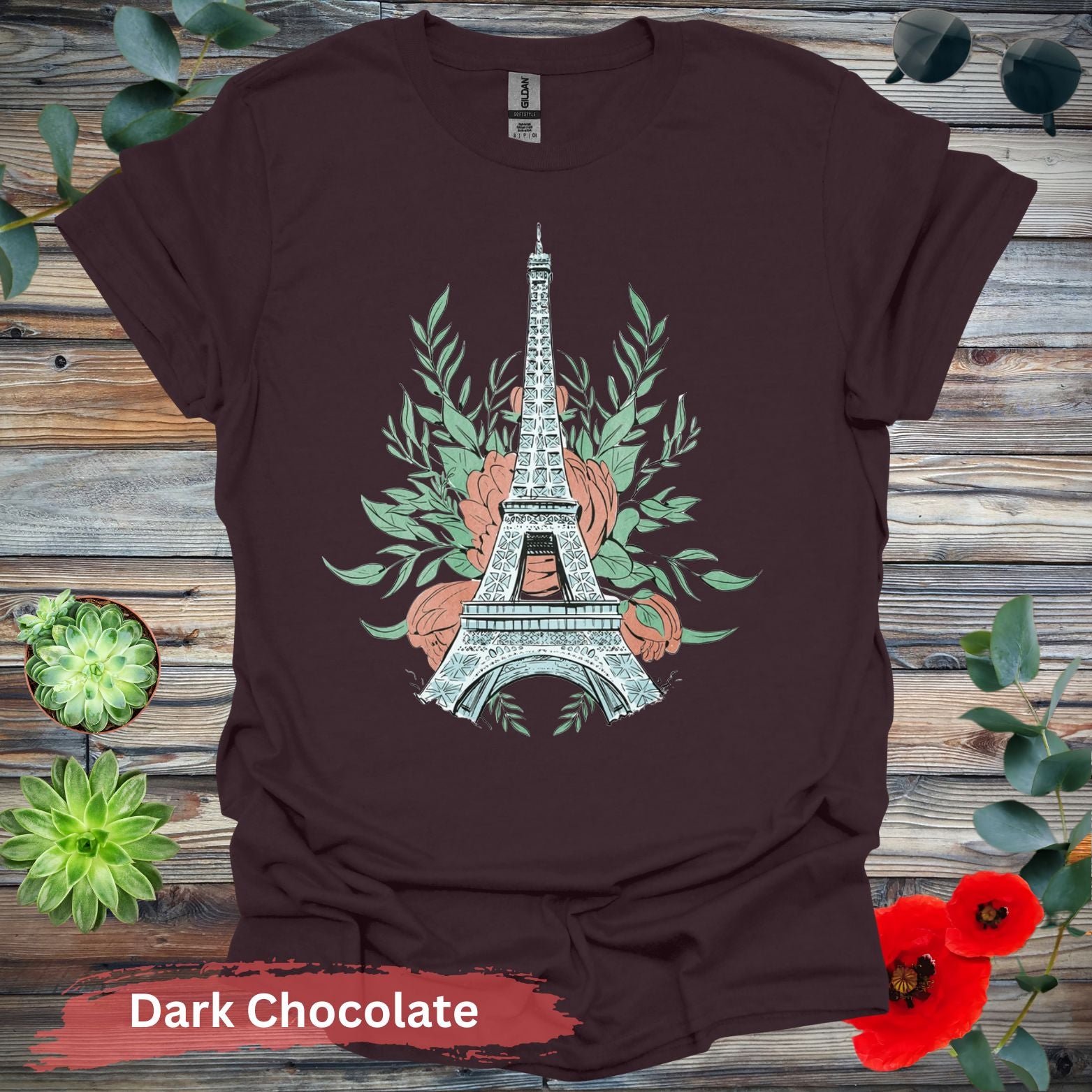 Eiffel Tower and Floral Design Graphic T-Shirt - S / Dark Chocolate - Physical Item