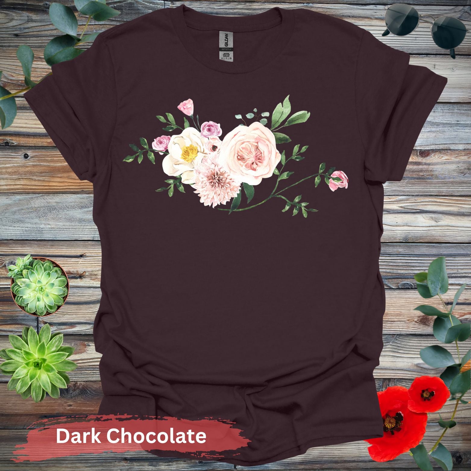 Floral Bouquet T-Shirt - S / Dark Chocolate - Physical Item