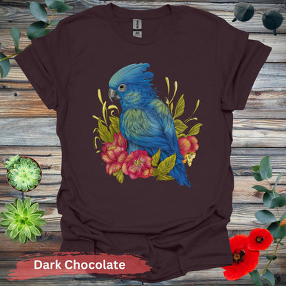 Blue Parrot With Red Flowers T-Shirt - S / Dark Chocolate - Physical Item