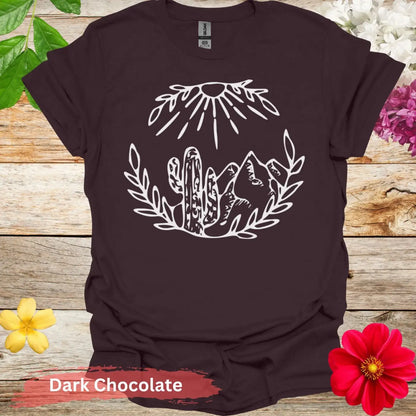 Desert Mountain Scene Graphic T-Shirt - S / Dark Chocolate - Physical Item