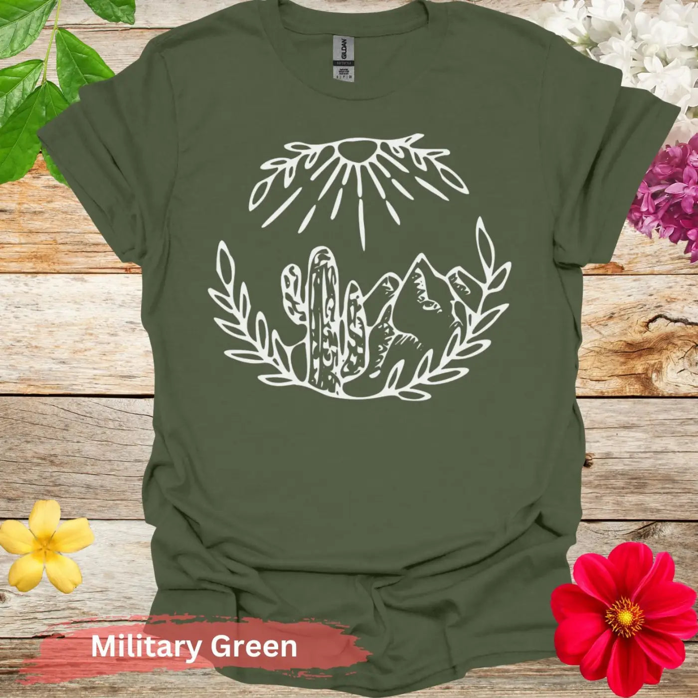 Desert Mountain Scene Graphic T-Shirt - S / Military Green - Physical Item