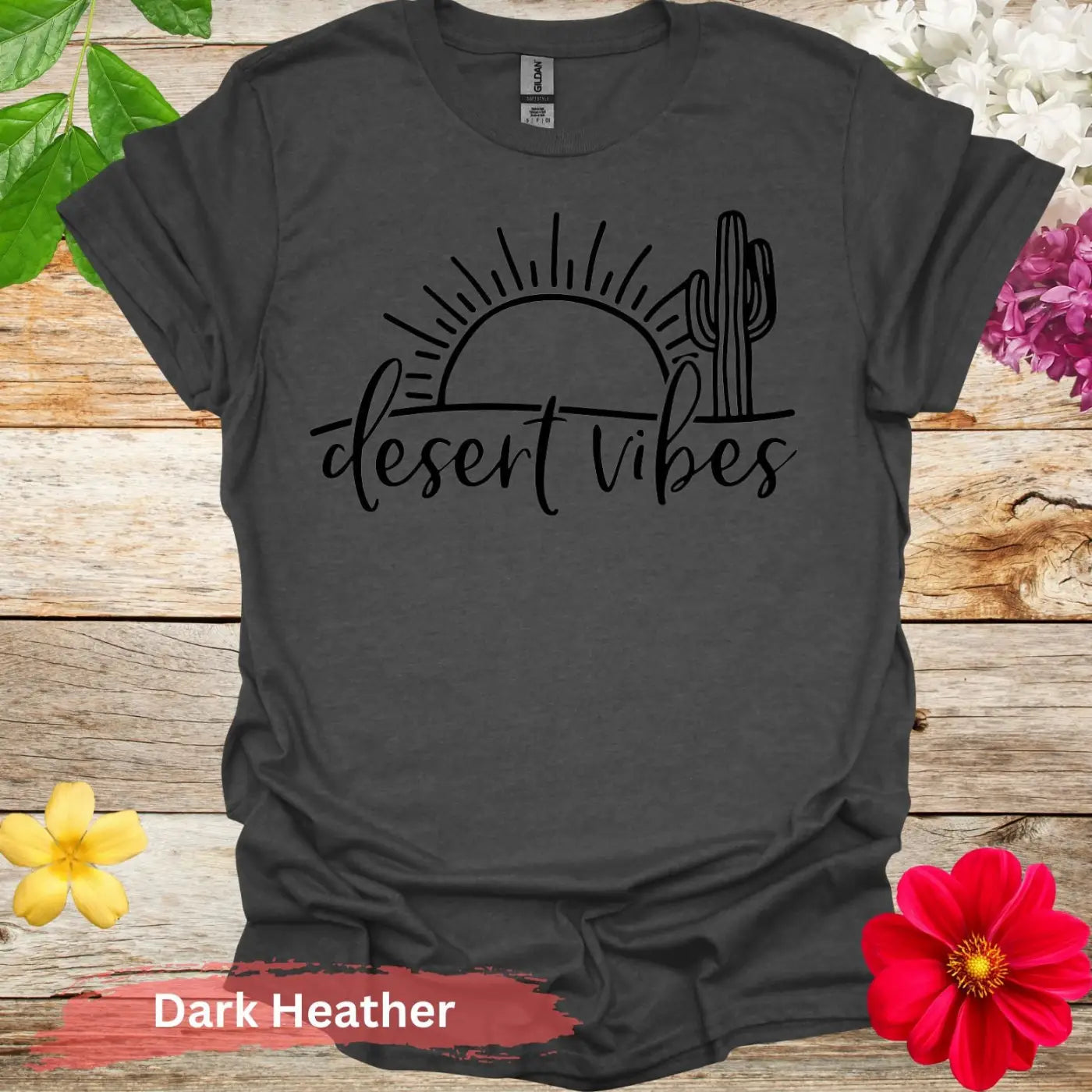 Desert Vibes Sun and Cactus Graphic T-Shirt - S / Dark Heather - Physical Item