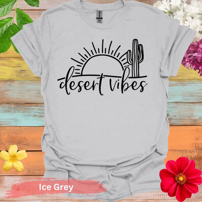 Desert Vibes Sun and Cactus Graphic T-Shirt - S / Ice Grey - Physical Item