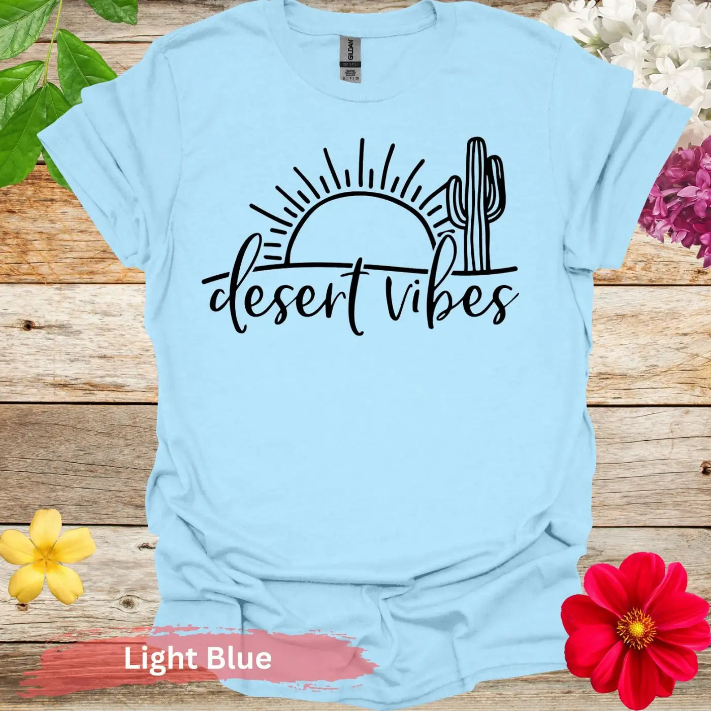 Desert Vibes Sun and Cactus Graphic T-Shirt - S / Light Blue - Physical Item