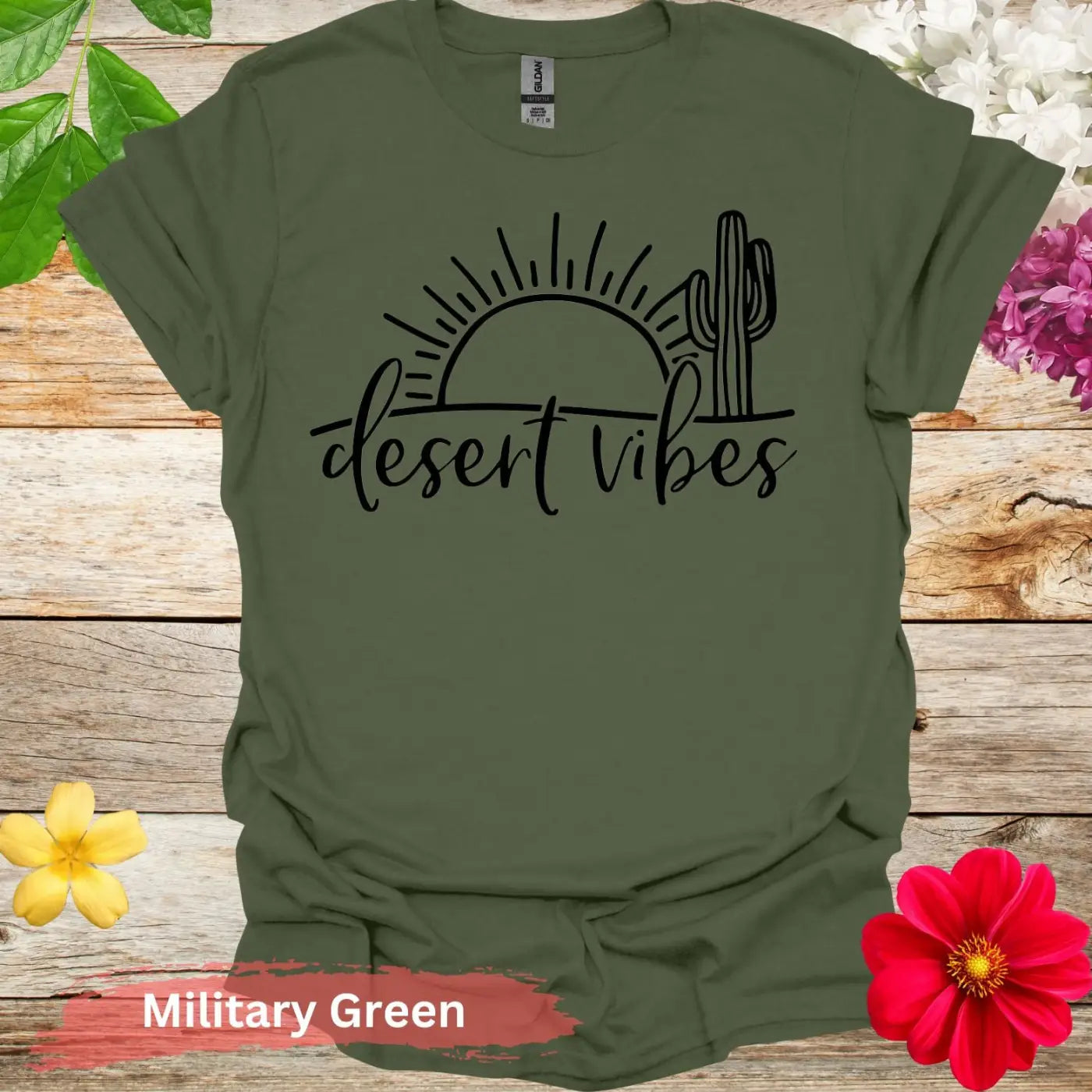 Desert Vibes Sun and Cactus Graphic T-Shirt - S / Military Green - Physical Item