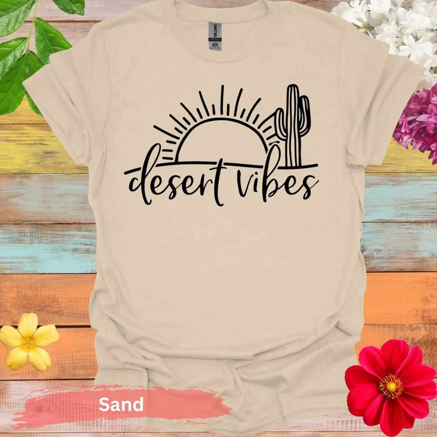 Desert Vibes Sun and Cactus Graphic T-Shirt - S / Sand - Physical Item