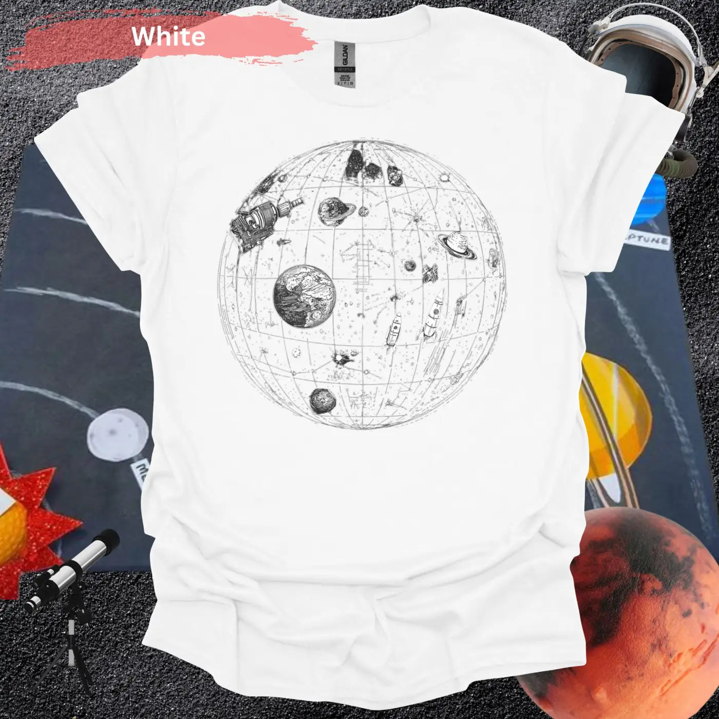 Detailed Celestial Map with Rockets Planet Shirt - S / White - Physical Item