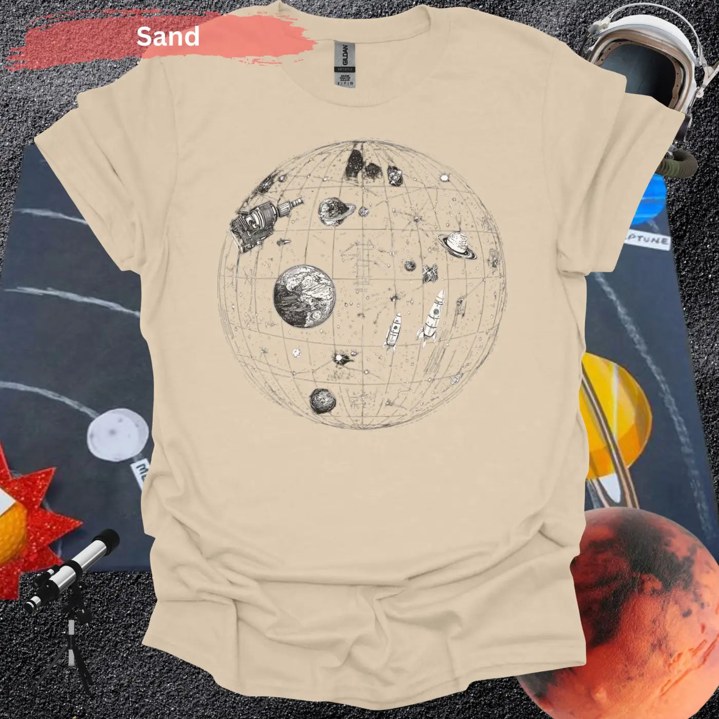 Detailed Celestial Map with Rockets Planet Shirt - S / Sand - Physical Item