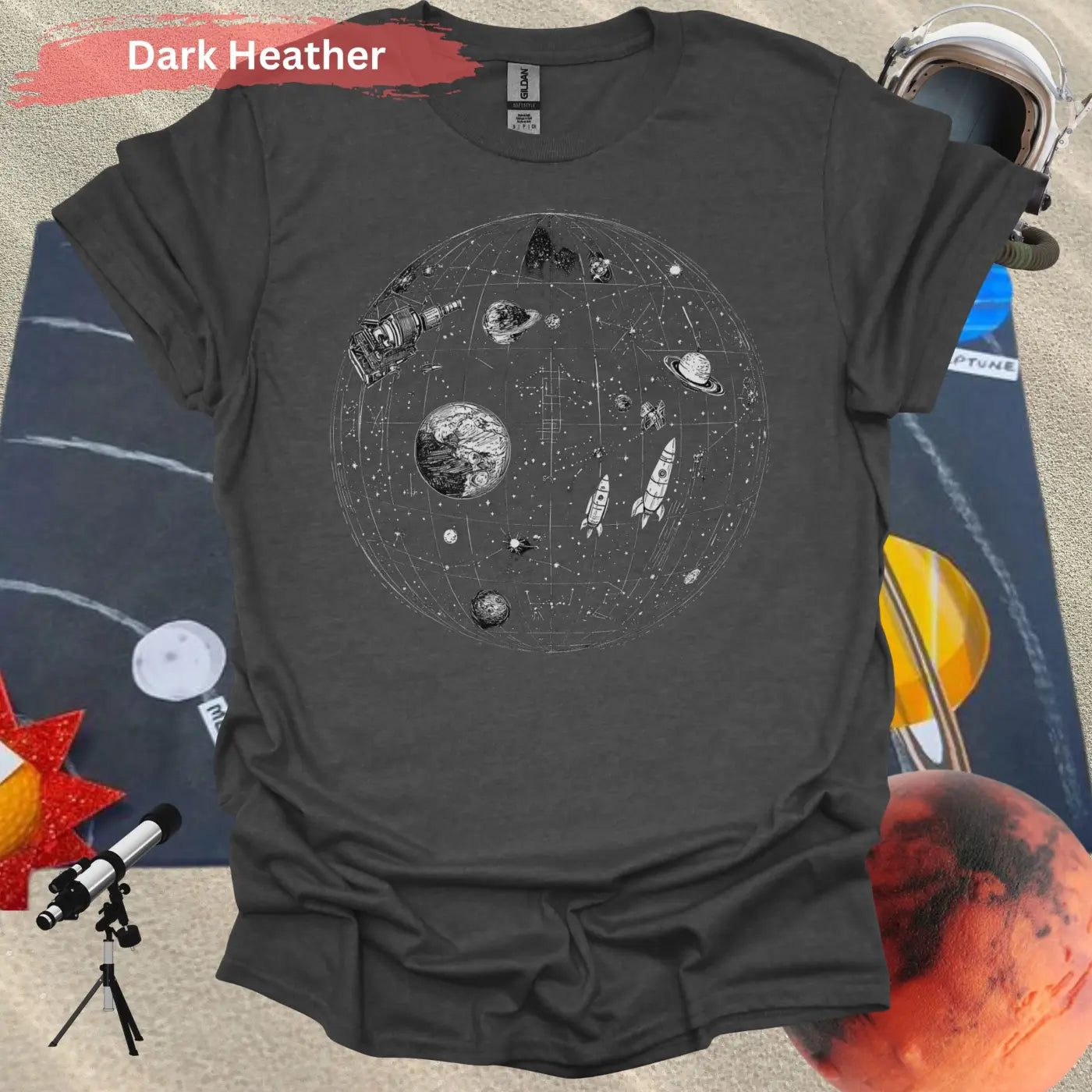 Detailed Celestial Map with Rockets Planet Shirt - S / Dark Heather - Physical Item