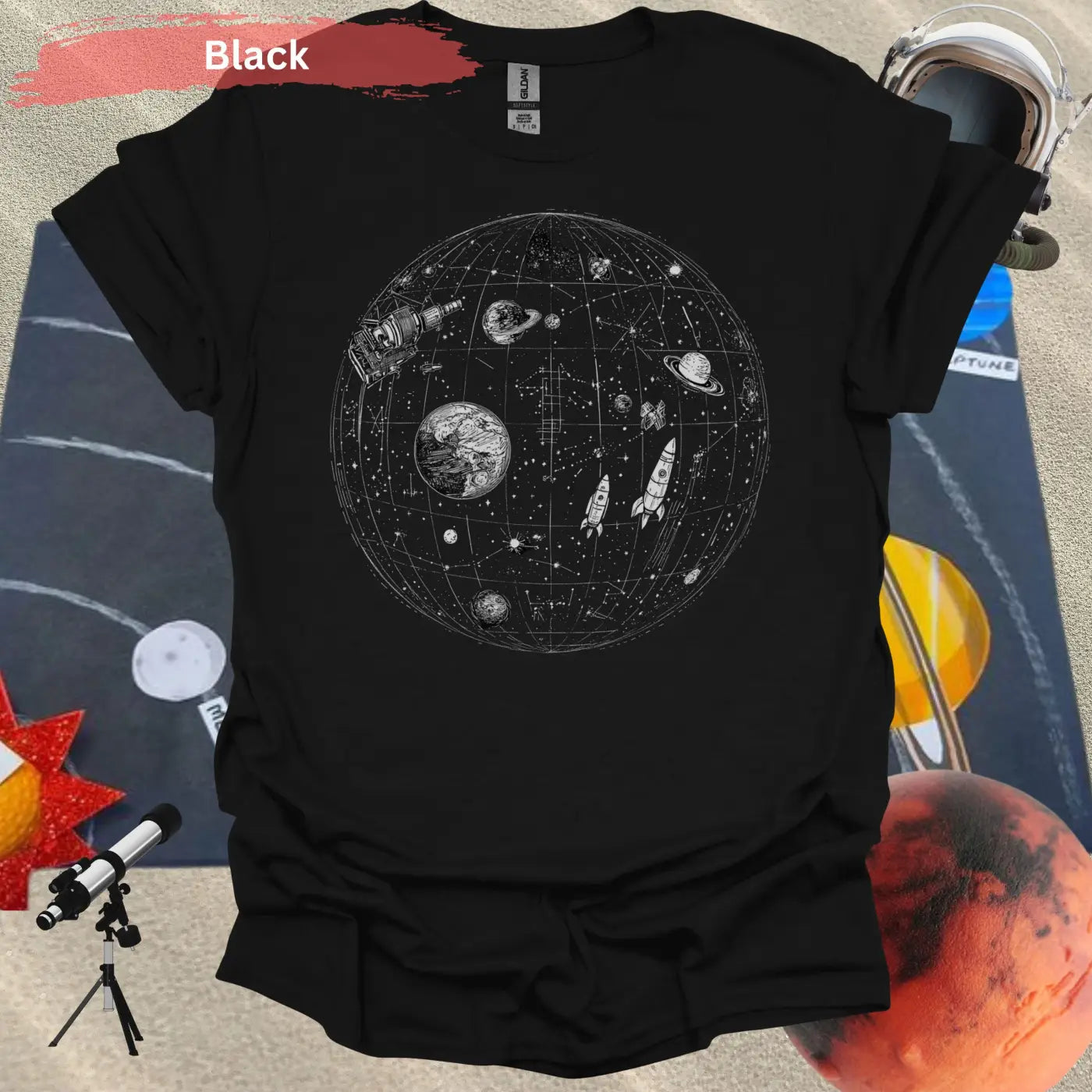 Detailed Celestial Map with Rockets Planet Shirt - S / Black - Physical Item