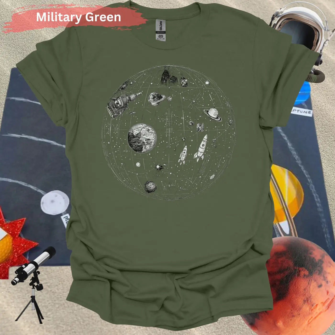 Detailed Celestial Map with Rockets Planet Shirt - S / Military Green - Physical Item