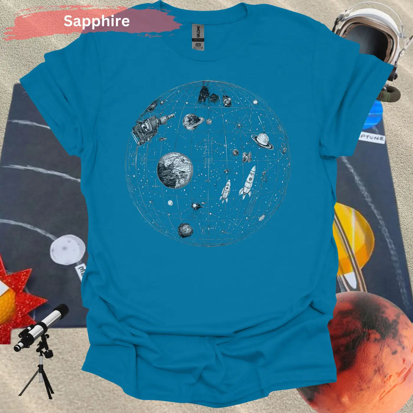 Detailed Celestial Map with Rockets Planet Shirt - S / Sapphire - Physical Item