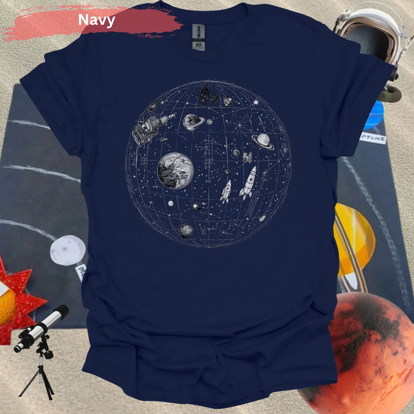 Detailed Celestial Map with Rockets Planet Shirt - S / Navy - Physical Item