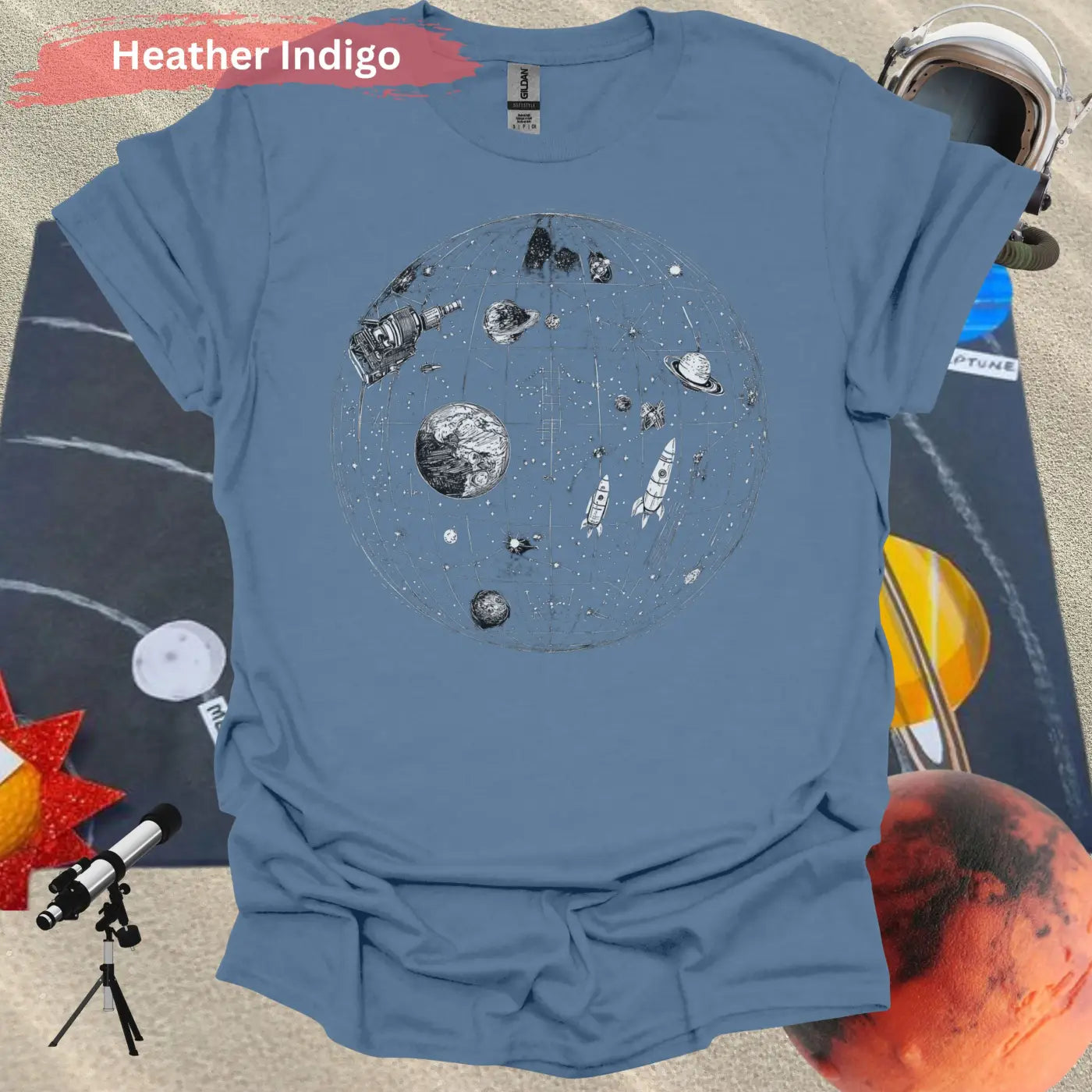 Detailed Celestial Map with Rockets Planet Shirt - S / Heather Indigo - Physical Item