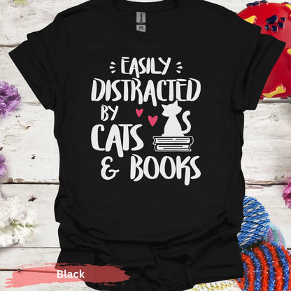 Easily Distracted by Cats and Books T-Shirt - S / Black - Physical Item