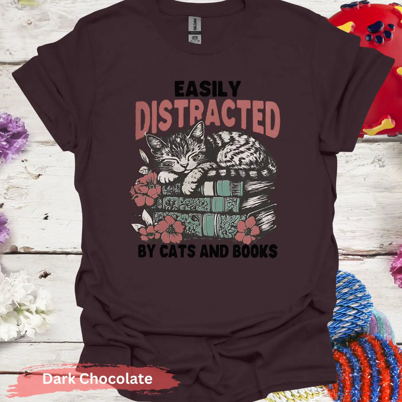 Easily Distracted By Cats and Books T-Shirt - S / Dark Chocolate - Physical Item