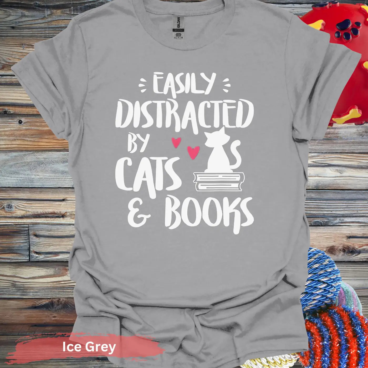 Easily Distracted by Cats and Books T-Shirt - S / Ice Grey - Physical Item