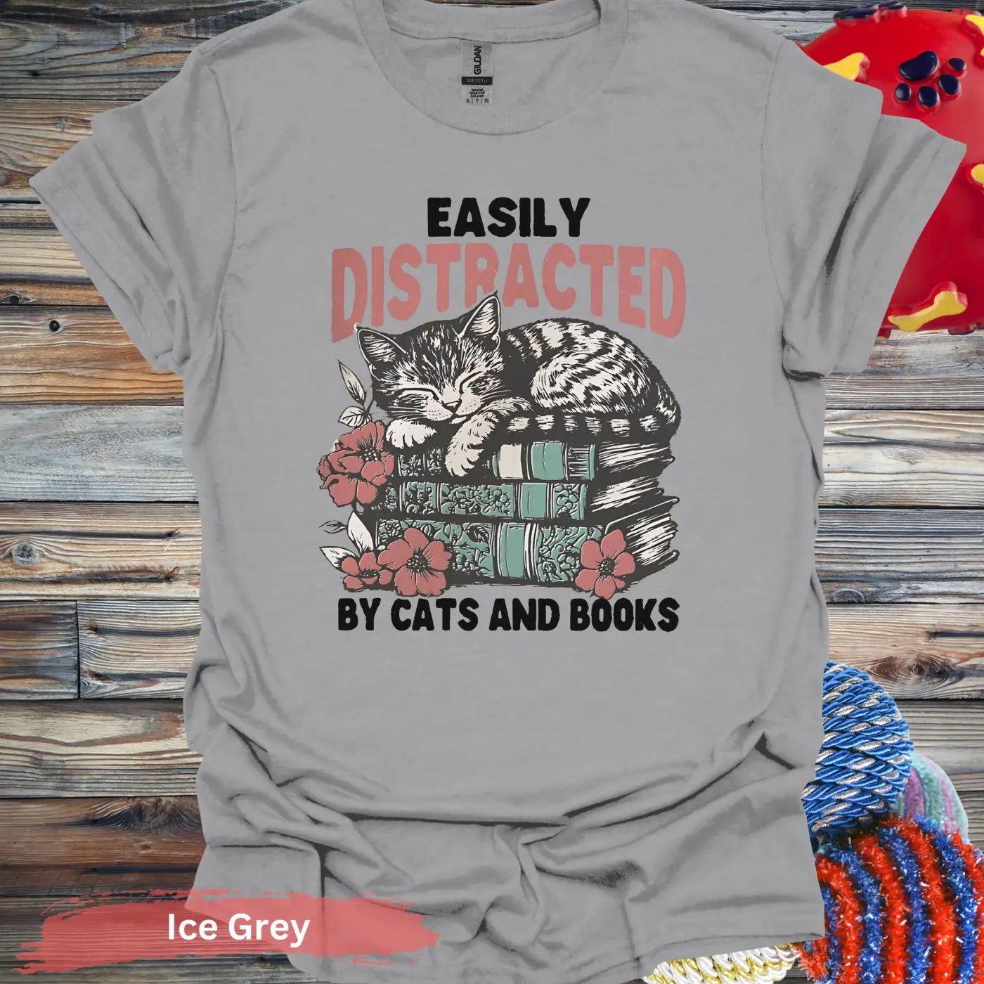 Easily Distracted By Cats and Books T-Shirt - S / Ice Grey - Physical Item