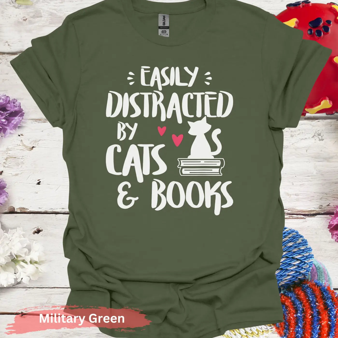 Easily Distracted by Cats and Books T-Shirt - S / Military Green - Physical Item