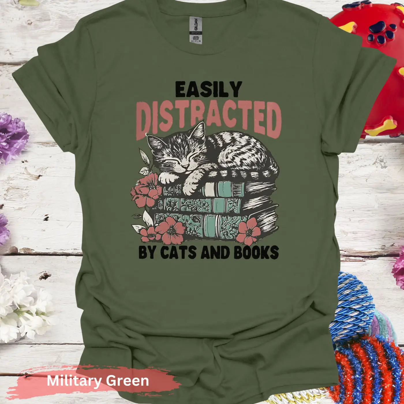 Easily Distracted By Cats and Books T-Shirt - S / Military Green - Physical Item